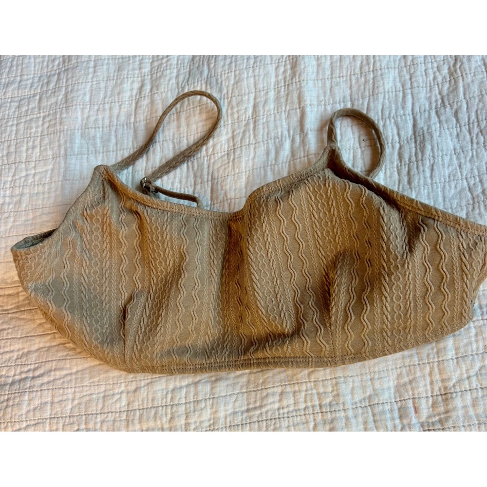 Tan Cable Knit Textured Bikini Set Scoop Neck High Cut Two Piece Swimsuit L